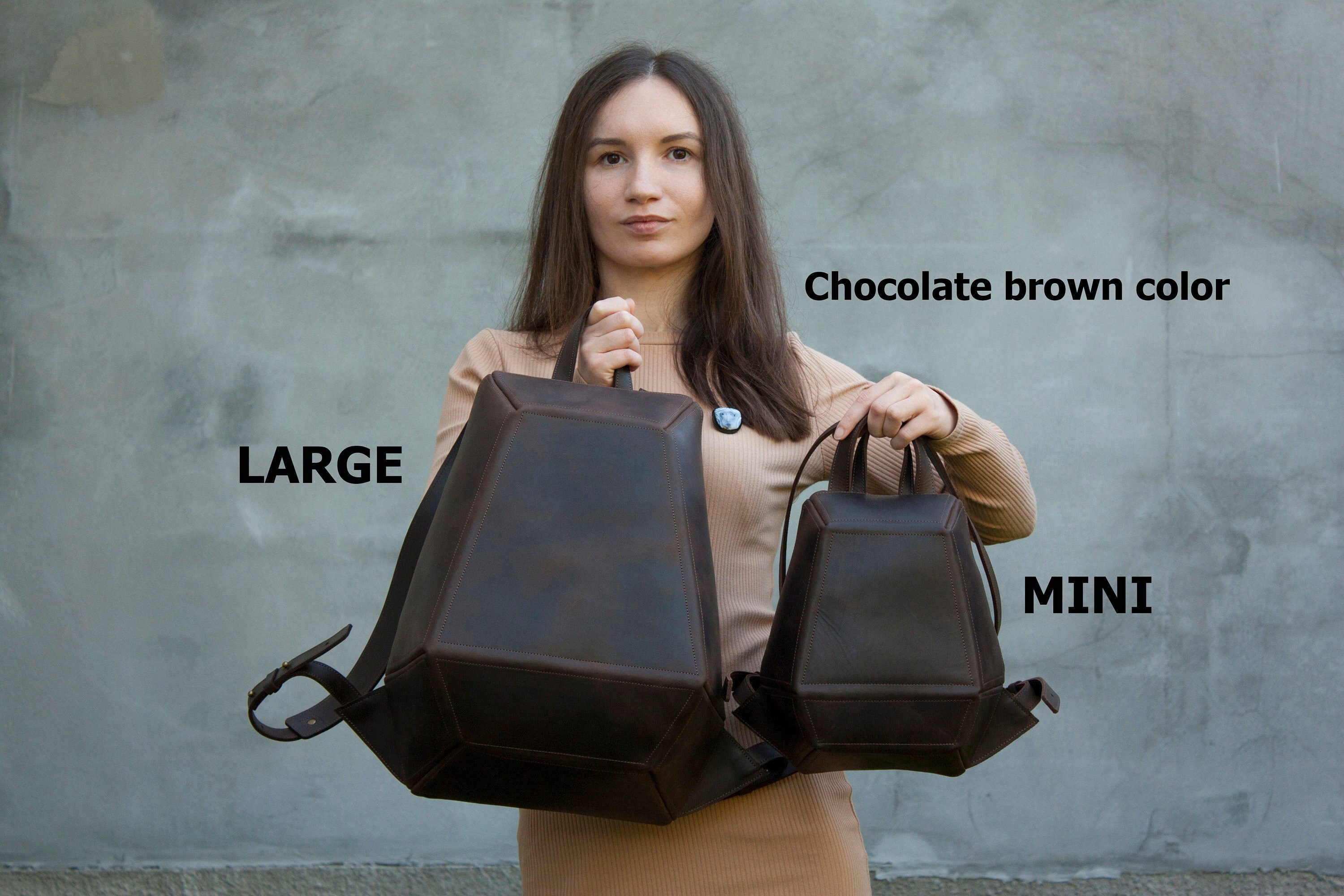 Sac à dos antivol en cuir véritable marron pour femmes, Mini sac à dos de forme géométrique