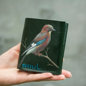 Jay Bird Green Leather Wallet Minimal Purse Compact Women Wallet Jay Original Painting image 1