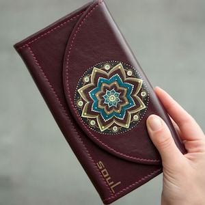 Women Purse Burgundy Leather Wallet with Gold Mandala Painting Wife Gift Idea Large Purse with Magnetic Button Handmade Wallet