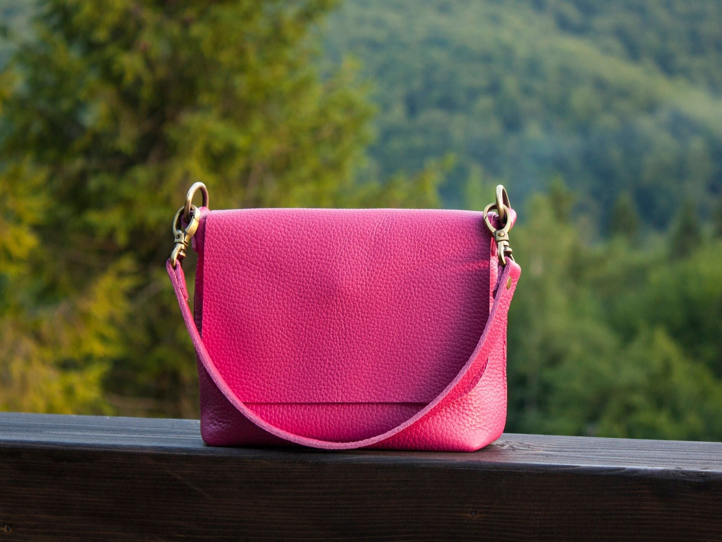 Small Leather Bag in Fuchsia Pink. Cross Body Bag Shoulder 