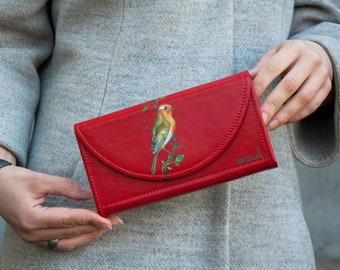 Red Leather Wallet with Bird Magnetic Button Purse Art Wallet Women Perfect Gift Idea Long Purse