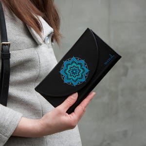 Black Leather Wallet with Turquoise Mandala Painting Women Large Purse High Quality Purse Women Gift Idea Large Purse with Blue Ornament