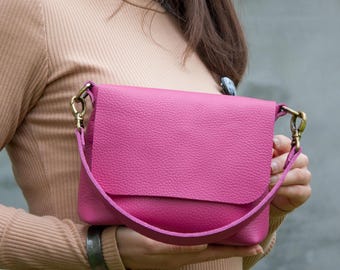 Hot Pink Leather Shoulder Bag Women Minimalist Purse Fuchsia Color Mini Crossbody Bag