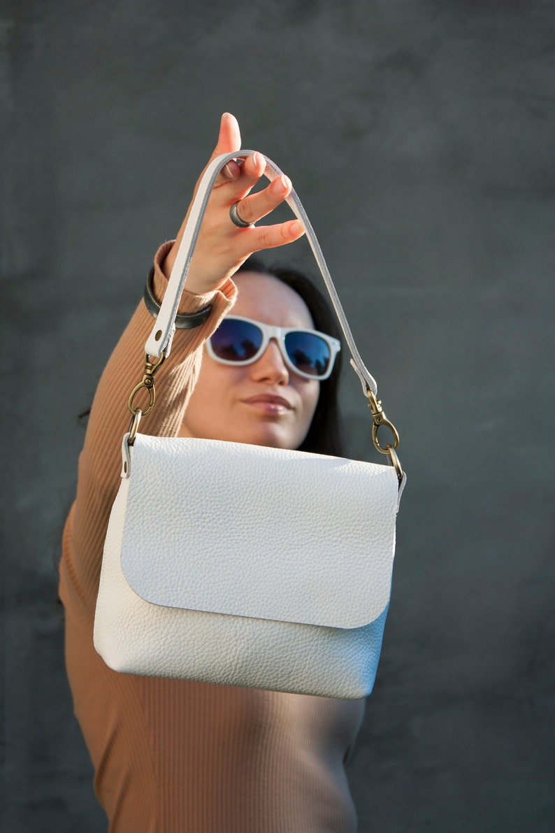 White 100% Leather Mini Bag Women Small Crossbody Bag Everyday Purse image 6