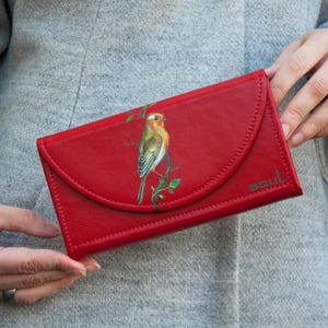 Carteira feminina de couro vermelho com arte original, pintura de pássaro laranja, bolsa grande, presente perfeito, carteira feita à mão de alta qualidade