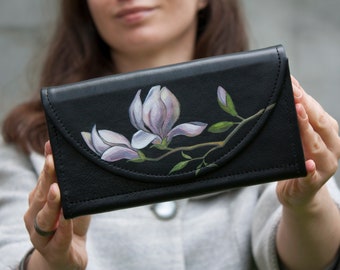 Women Wallet with Magnolia Painting Perfect Gift Idea Black Leather Wallet with Pink Flowers Magnetic Button Wallet