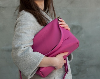 Hot Pink Leather Shoulder Bag Women Minimalist Purse Handmade Shoulder Bag Soft Leather Crossbody Bag Large Size Daily Bag