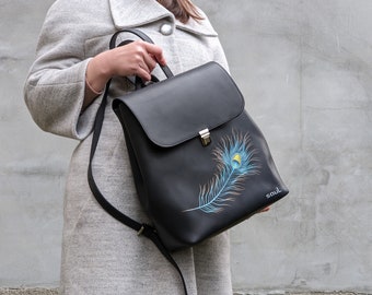 Women Gift Idea Black Leather Backpack Purse with Peacock Feather Daily Rucksack Big Size Satchel