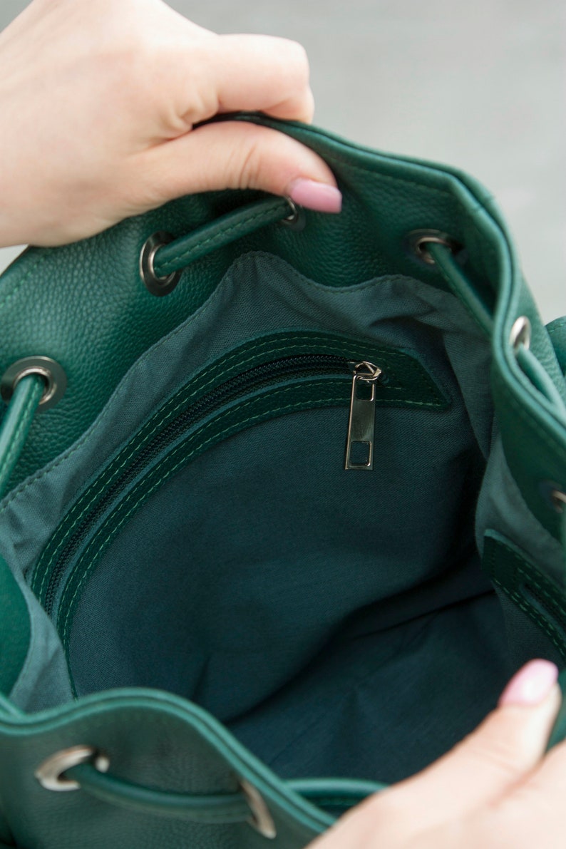 Emerald Green Bucket Bag Women Crossbody Bag Baggy Bag with Tassels Green Leather Drawstring Bag image 7