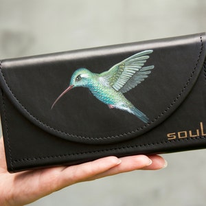 Cartera Colibrí Mujer Cartera Grande Negra Cartera de Cuero con Pájaro
