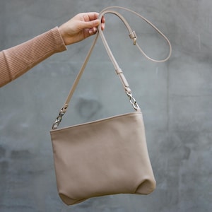 Minimalist Beige Leather Crossbody Bag Women Daily Purse Soft Leather Basic Crossbody Bag Women Light Beige Leather Purse Made in Ukraine
