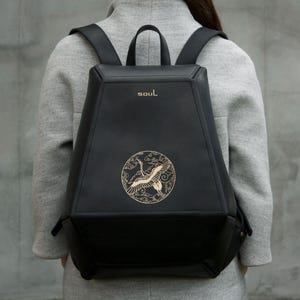Handmade Backpack Purse Women Large Rucksack with Gold Bird Painting Black Leather Backpack High Quality Backpack Daily Purse