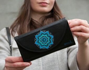 Black Leather Wallet with Turquoise Blue Mandala Real Painting Women Purse Perfect Christmas Gift Idea