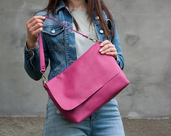 Borsa a mano in pelle rosa shocking Borsa a spalla minimalista da donna Idea regalo di Natale
