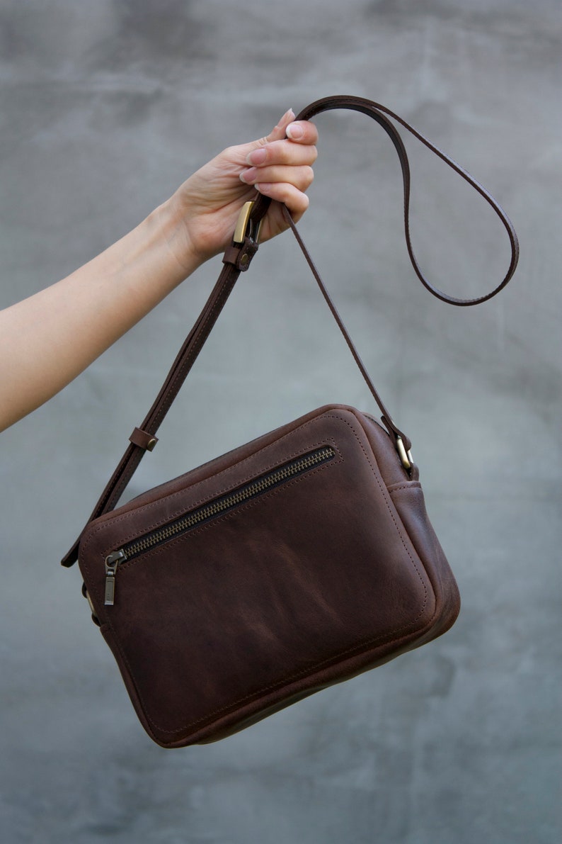 Women Crossbody Purse Vintage Effect Real Leather Zipper Shoulder Bag image 2
