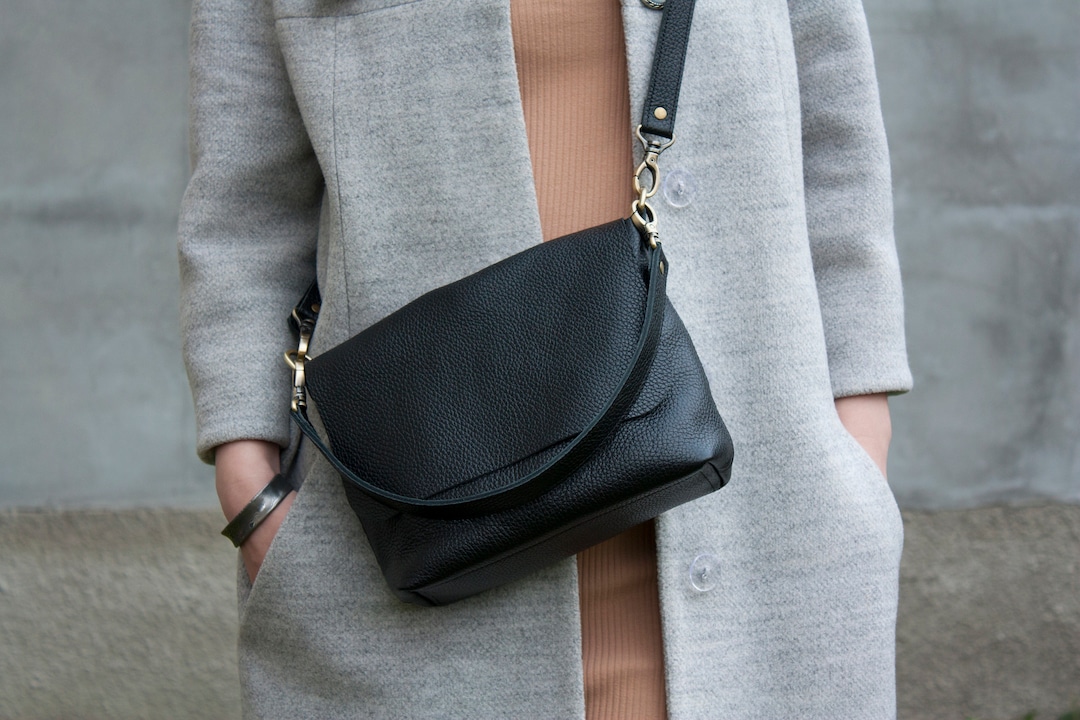 Women Minimalist Black 100% Leather Bag Soft Handbag Medium Size ...