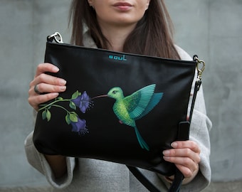 Black Leather Handbag with Hummingbird and Flowers Painting Women Soft Crossbody Purse Evening Shoulder Bag Christmas Gift Idea