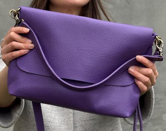 Large Size Shoulder Bag Women Purple Crossbody Bag Minimalist Daily Purse Violet Leather Handbag Handmade Crossbody Bag Women Gift Idea
