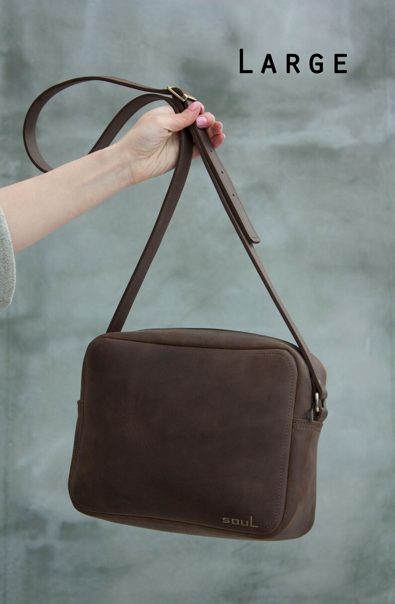 Woman Vintage Brown Leather Crossbody Bag Zipper Minimalist Shoulder Bag with Personalization image 4