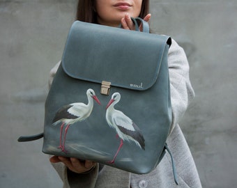 Sac à Dos avec Oiseaux Sac à Dos Femme Sac à Dos en Cuir Bleu pour Voyage Cigogne Blanche Oiseaux Peinture Grand Sac à Dos Quotidien Femme Idée Cadeau Incroyable