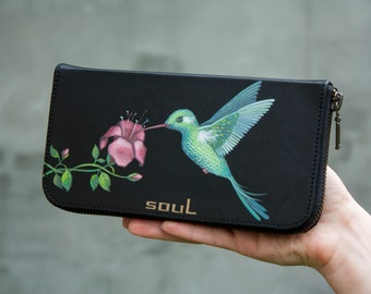 Hummingbird Bird Women Wallet Large Black Leather Card Wallet Blue Hummingbird and Pink Flowers