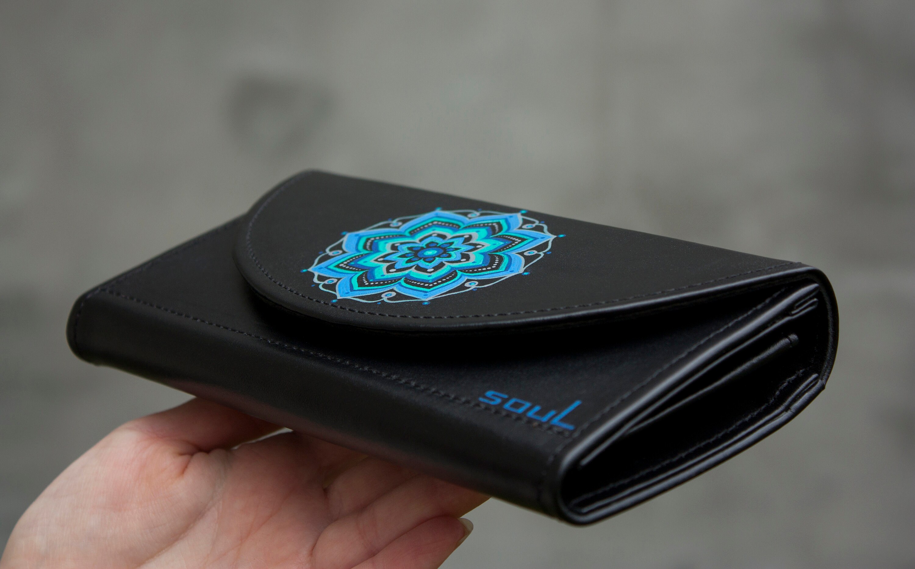 READY / Blue Leather Wallet With Hand Paitig Mandalas for