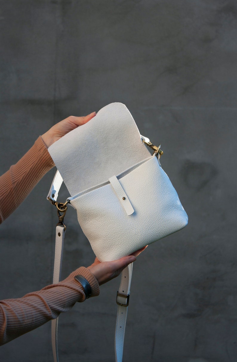 White 100% Leather Mini Bag Women Small Crossbody Bag Everyday Purse image 4