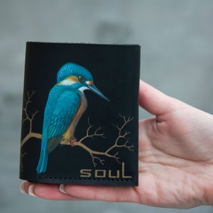 Cartera de cuero vintage para hombre, monedero pequeño plegable con pájaro martín pescador azul