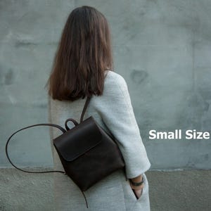 May include: A small, dark brown leather backpack with a flap closure. The bag has adjustable straps and a top handle. The text "Small Size" is visible in white. The person is wearing a light gray coat.