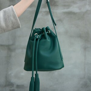 Emerald Green Bucket Bag Women Crossbody Bag Baggy Bag with Tassels Green Leather Drawstring Bag image 3