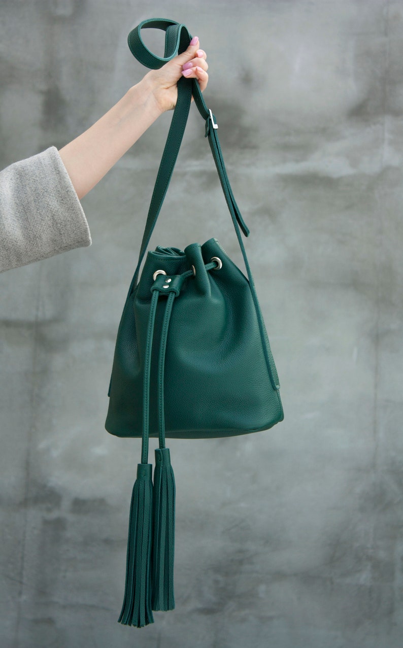 Emerald Green Bucket Bag Women Crossbody Bag Baggy Bag with Tassels Green Leather Drawstring Bag image 3