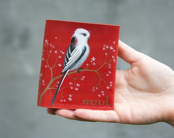 Mini billetera de cuero rojo para mujer con lindo monedero pequeño de pájaro blanco de cola larga Idea de regalo de Navidad para mujer