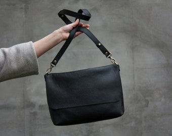 Black Everyday Minimalist Shoulder Bag Black Leather Crossbody Purse Women Soft Handbag