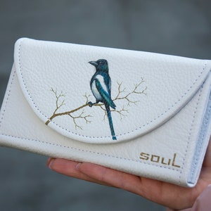 Carteira feminina de couro branco com pássaro pega pega 100% pintura original bolsa grande ideia de presente feminino