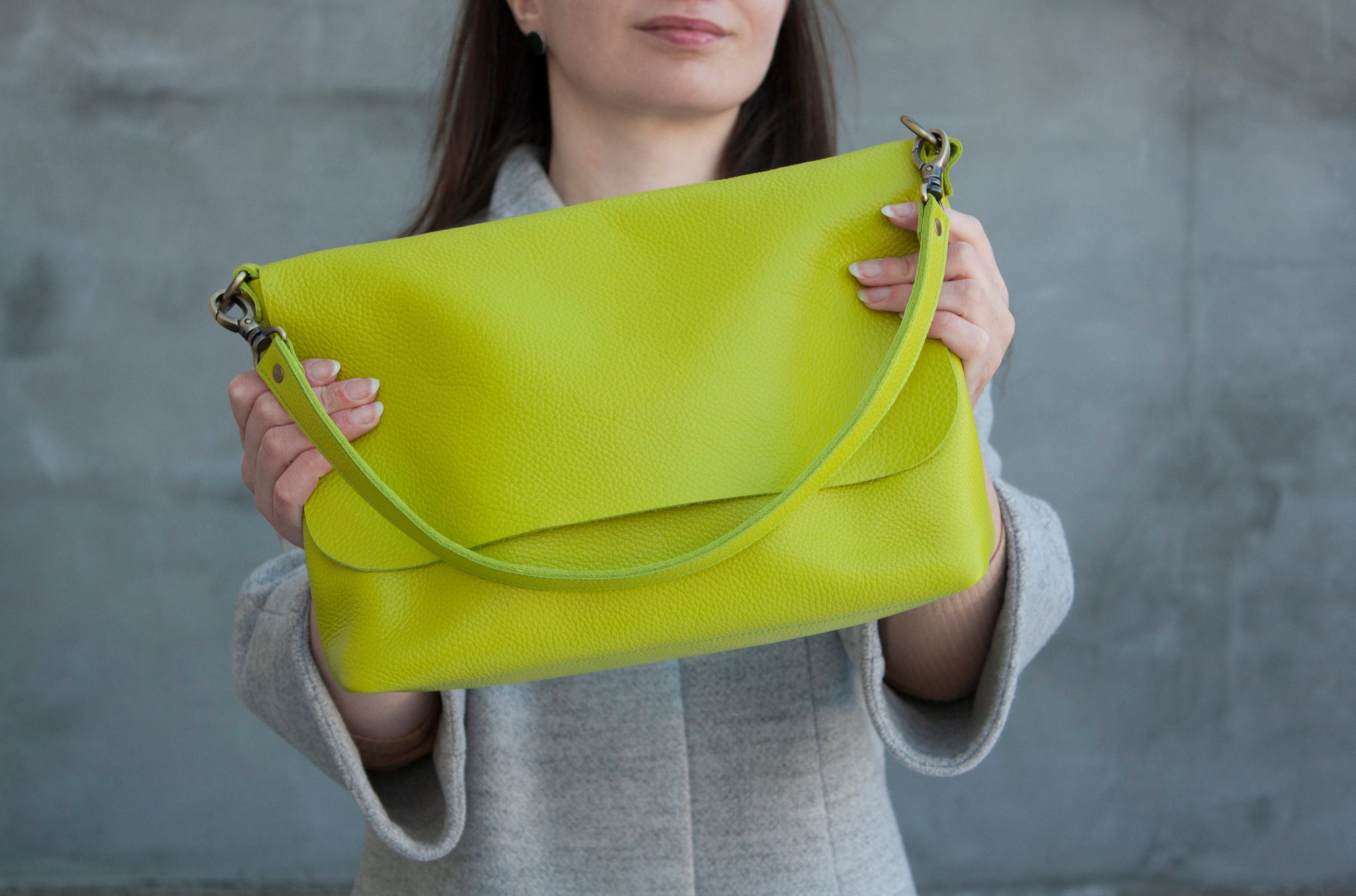 Lime Green Leather Shoulder Bag Women Large Handbag Minimalist Vivid Green  Purse