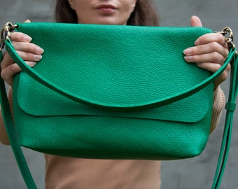 Emerald Green Leather Shoulder Bag Vivid Green Minimalist Crossbody Purse Large Everyday Bag
