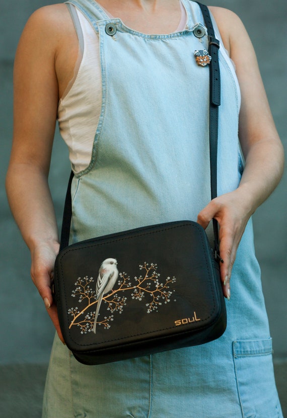 Bolso de hombro de cuero negro para mujer bolso cruzado con efecto vintage lindo pajaro de cola larga color blanco Etsy Espana