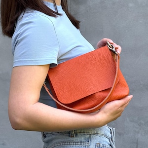 Vacation Mini Bag Orange Leather Shoulder Bag Soft Leather Crossbody Bag Women Daily Purse Minimalist Shoulder Bag Orange Leather Handbag