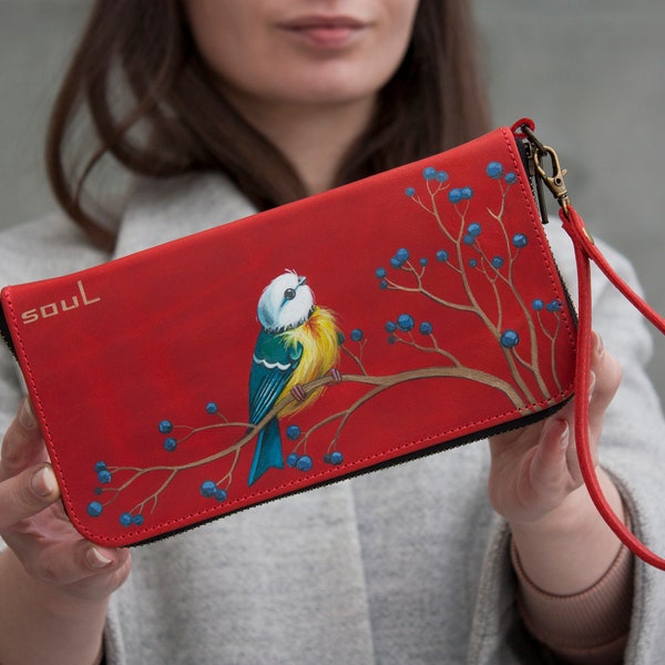 Women Red Leather Purse with Titmouse Bird Women Wallet with Blue Yellow Bird Painting Zipper Clutch Mom, Wife, Daughter Amazing Gift Idea