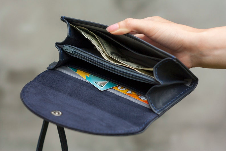 Wallets Women Womans Leather Purse Button Blue Etsy