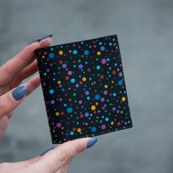 Women Wallet with Colored Dots Painting Black Leather Purse Amazing Gift Idea Mini Wallet Black Purse with Confetti Simple Wallet