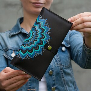 Women Black Leather Wallet with Blue Mandala Painting Matte Leather Purse Wife Gift Idea Large Wallet Birthday Gift Idea