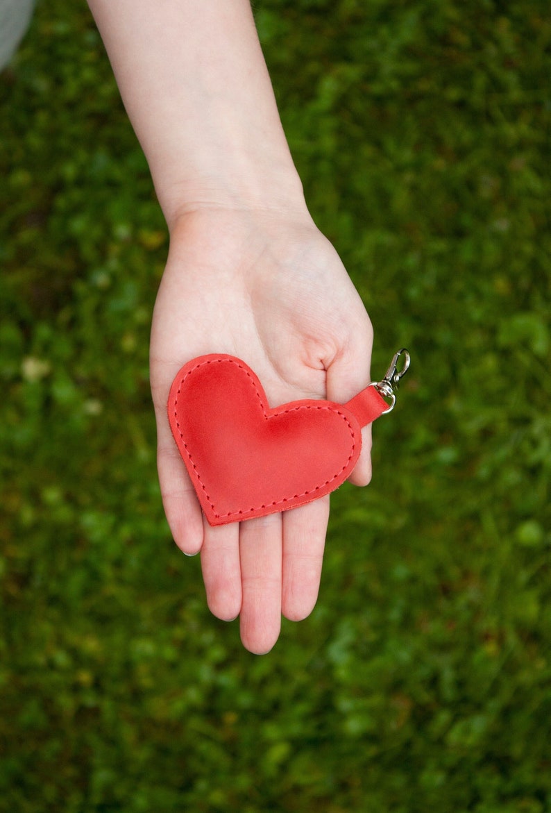 Leather Keychain Red Heart Key Fob as a Gift for Valentine's Day image 1