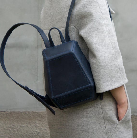 Dark Blue Leather Rucksack Women Small Backpack Anti Theft Mini