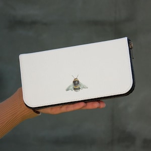 Cartera de piel blanca con diseño de abejorro dorado para mujer, cartera grande hecha a mano con cremallera, cartera grande.