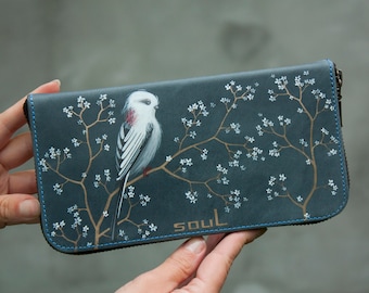 Cartera de mujer con diseño de pájaro, monedero de cuero Vintage, cartera grande con cremallera, monedero azul, regalo de cumpleaños