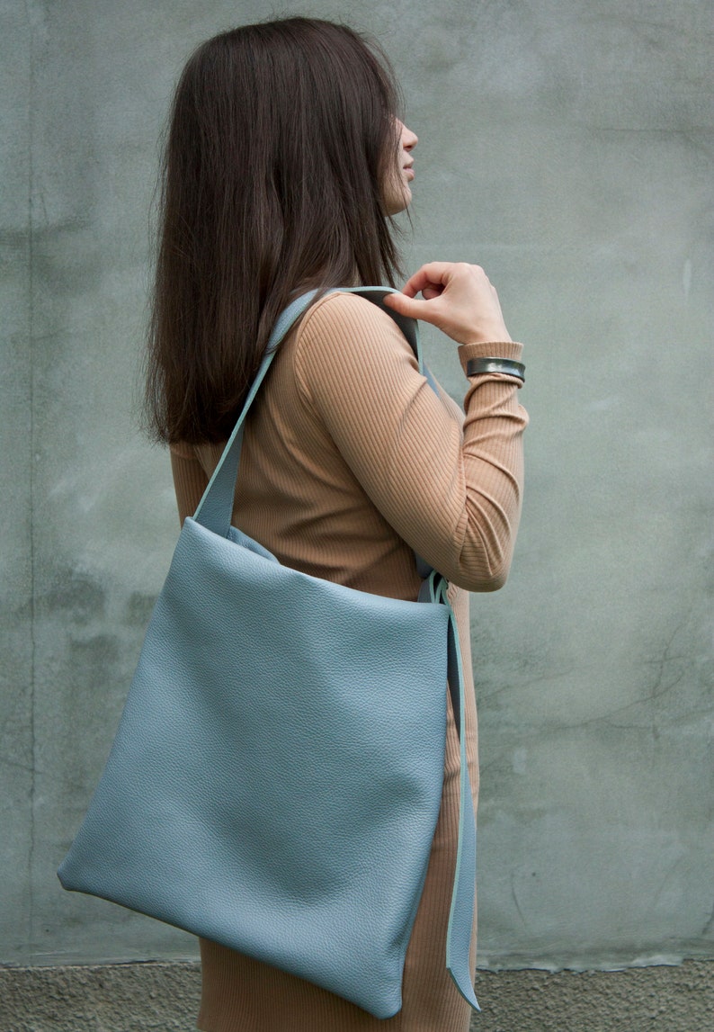 Light Gray Leather Shoulder Purse Women Totes Women Gift Idea Minimalist Deep Bag Large Shopper Bag Big Size Daily Purse Soft Leather Tote image 2