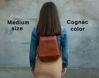 Travel Purse Women Backpack Leather Rucksack Cognac Color Leather Purse Geometric Shape Bag Anti Theft Backpack Large Satchel