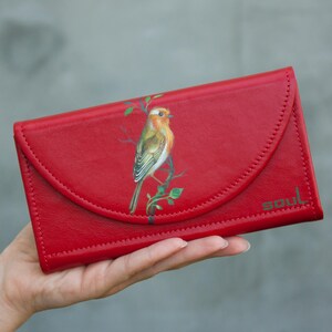 Grande bolsa de couro vermelho com pintura de pássaro bolsa feita à mão com pintura de pássaro laranja carteira de couro vermelho carteira de alta qualidade ideia de presente para mulheres