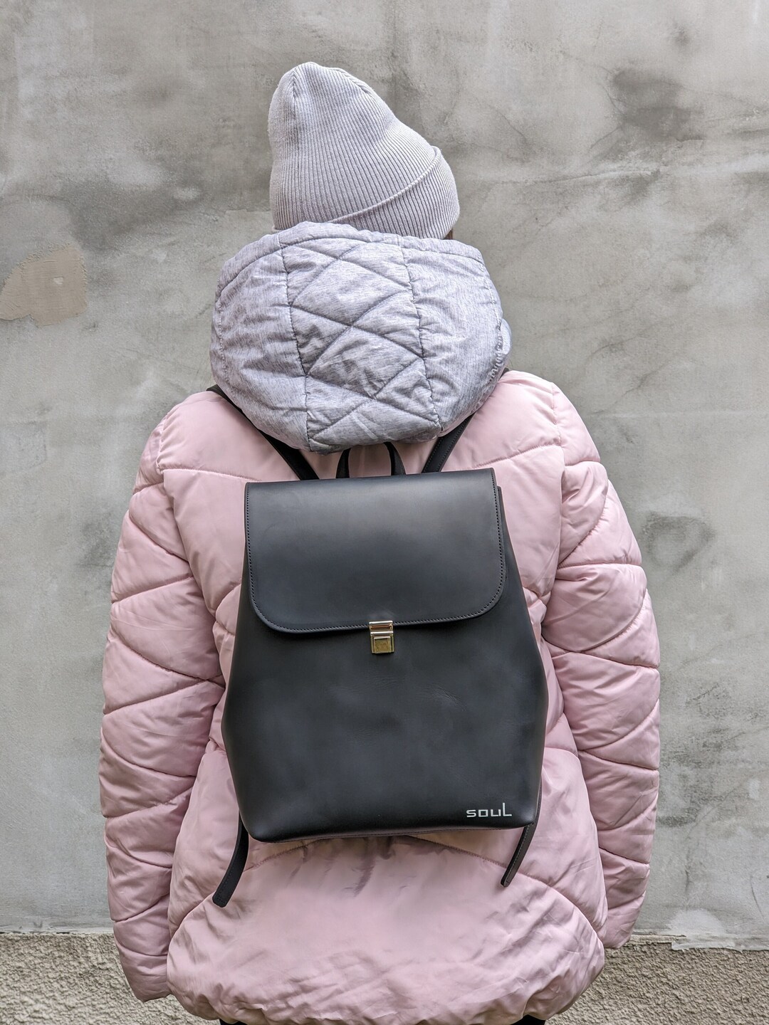 Large Black Leather Backpack Women Minimalist Rucksack Travel Etsy